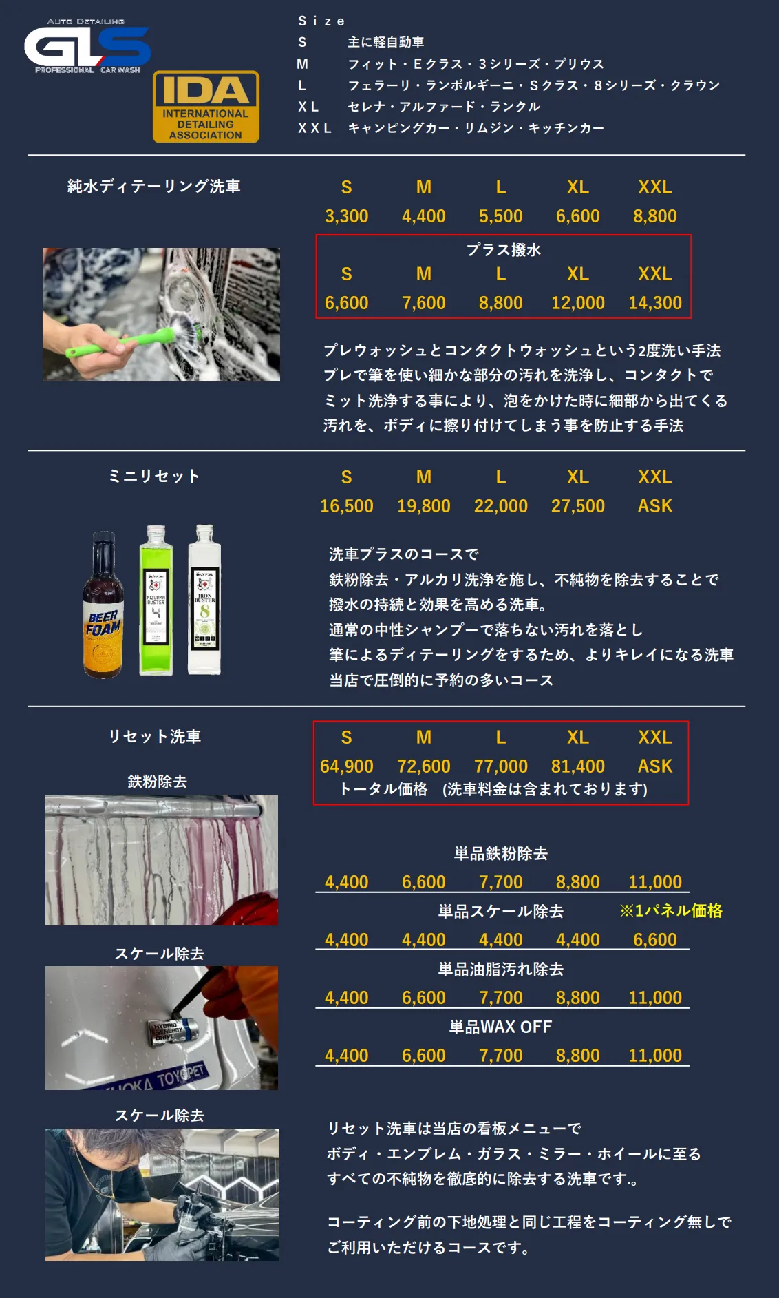 GLS 2026年度版 洗車・ディテーリングメニュー料金表（純水ディテーリング洗車、ミニリセット、リセット洗車、各種単品メニュー）